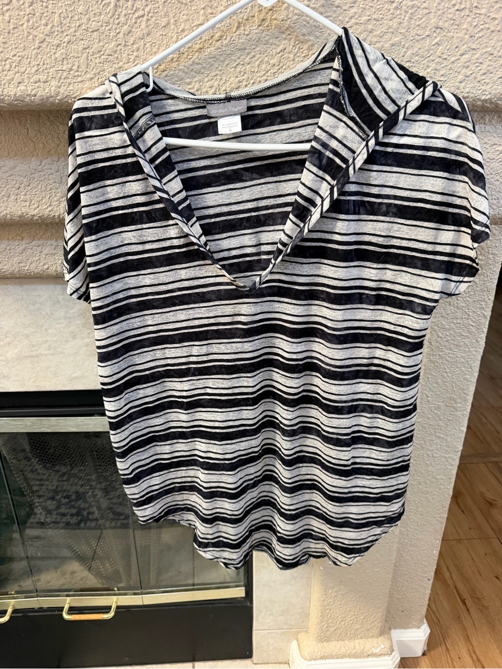 Others Follow Black & White Striped Short Sleeve Hooded V-Neck Top